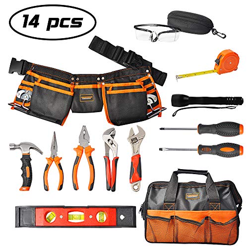 Mysterystone TFK009 Set 14Piece Real Tool Kit for Children Tool Belt Pouch Bag for Woodworking Projects Home Repair, Orange