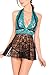 FENTI Women's Deep V Halter Turquoise Lace Trim Backless Babydoll and G-String