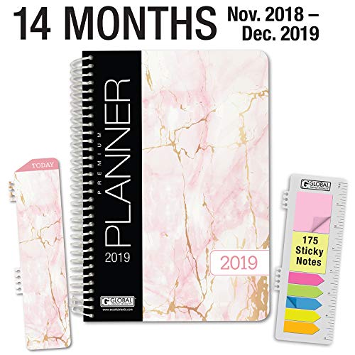 HARDCOVER Calendar Year 2019 Planner: (November 2018 Through December 2019) 5.5"x8" Daily Weekly Monthly Planner Yearly Agenda. Bonus Bookmark, Pocket Folder and Sticky Note Set (Pink Marble)