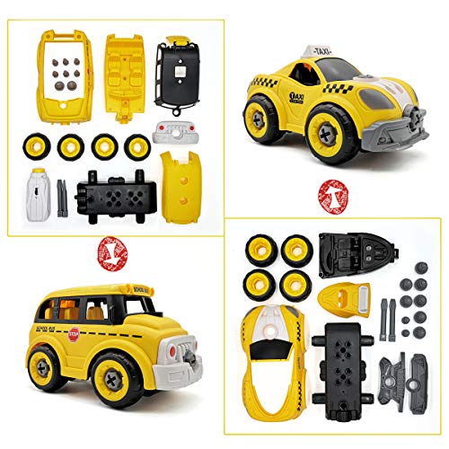 QUN FENG Take Apart Toys Remote Control Car 2 in 1 Construction Truck School Bus Taxi with Electric Drill 2.4G Stem Building Learning Toys for Boys 3,4,5,6,7 Year Olds