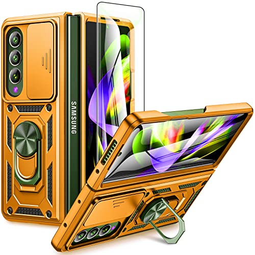 VEGO for Z Fold 4 Case with Slide Lens Cover & Separate Screen Protector Built-in 360° Rotate Ring Kickstand Cover Case for Galaxy Z Fold 4 5G 2022 - Orange