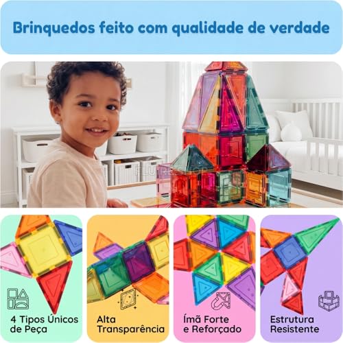 Blocos Magneticos Infantil de Montar 76 Peças, Brinquedo Educativo Construção Infantil 2D, 3D, Jogo Pedagógico para Coordenação Motora, Raciocínio Lógico, Criatividade e Aprendizado STEM