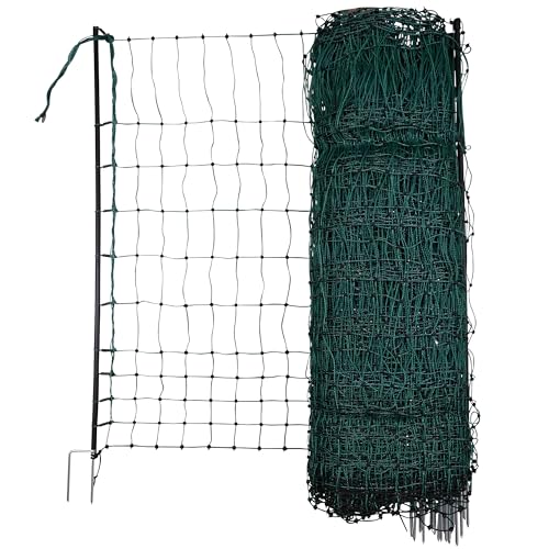 Kerbl Hobbyfarming PoultryNet, 106cm, 50m, Geflügelnetz, Weidezaunnetz, stromlos, Doppelspitze, grün, 15 Pfähle, Hühner, Gänse, Puten, 3 Jahre Garanti