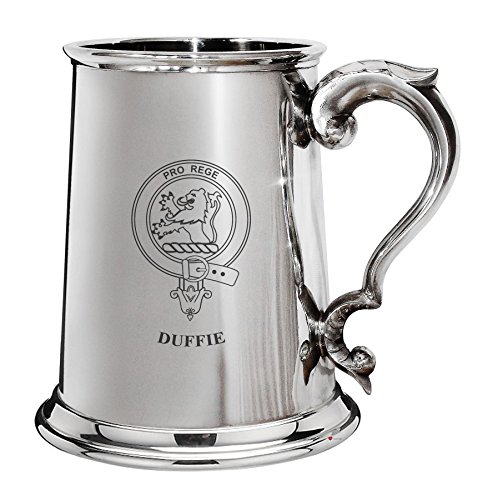 Duffie Family Crest Polished Pewter 1 Pint Tankard with Scroll handle