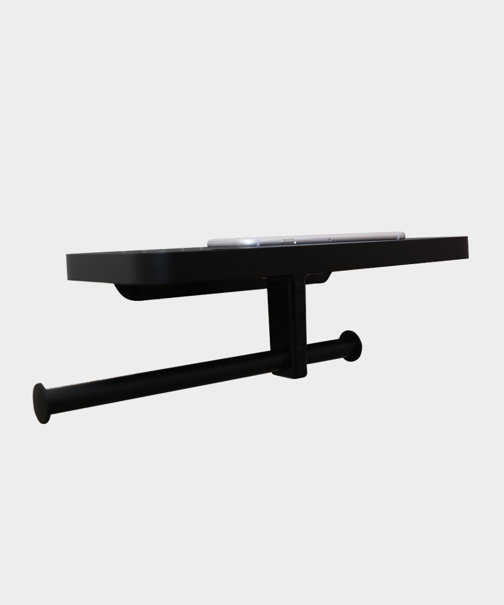 CRW Toilet Paper Tissue Holder Double Roller Hanger with Cell Phone Shelf Rack Dispenser for Bathroom Kitchen Black Wall Mounted C8091