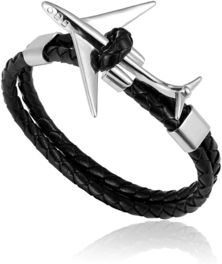 Airstream Titanium Stainless Steel Retro Airplane Anchor Bracelet Multilayer Genuine Leather Bracelet for Men Women Friendship Gifts