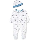 Little Me Baby Boy Clothes 2-Piece Baby Sleeper and Cap Set, 100% Cotton Footies Baby Essentials, Preemie to 9 months