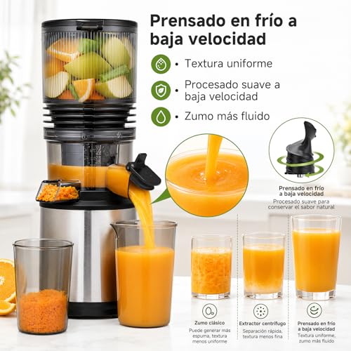 AMZCHEF Extractor de Zumos 158 mm Boca XXL, Licuadora de Prensado en Frío para Frutas y Verduras, Slow Juicer 2L con Vaso de Pulpa y Vaso de Zumo, Fácil Limpieza, Motor Silencioso, Acero Inoxidable