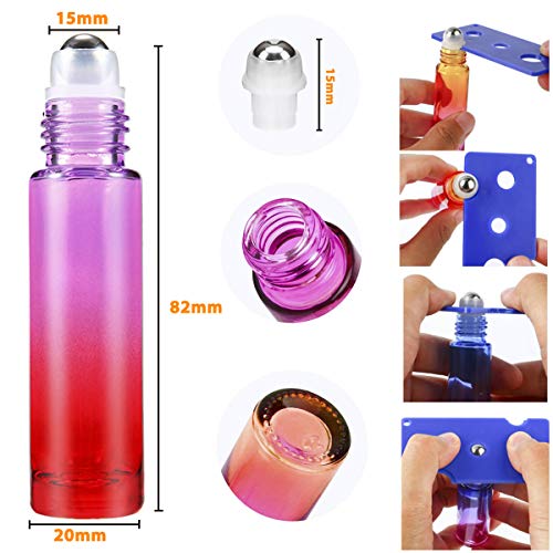 Essential Oil Roller Bottles,24 Pack 10ml Rainbow Color Roller Bottles for Essential Oils with Stainless Steel Roller Balls and Glass Spray Bottle (3 Droppers,2 Funnels,6 Extra Roller Balls,24 label