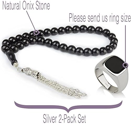 Ejo Silver Rings and Rosary Onix Set Tasbih Bracelet Zikr Muslim Prayer Beads Rosary