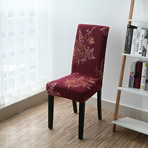 YISUN Modern Stretch Dining Chair Covers Removable Washable Spandex Slipcovers for High Chairs 4/6 PCs Chair Protective Covers (Red/Leaf Pattern, 6 PCS) - Thumbnail 4