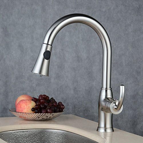 Ollypulse Solid Brass One Hole Deck Mount Kitchen Sink Faucet with Pullout Pull Down Sprayer and Spout in One, Brushed Nickel Finish