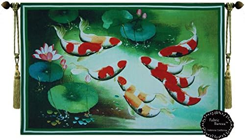 Beautiful Koi Fish Lotus Pond Fine Tapestry Jacquard Woven Wall Hanging Art Decor (Yw97)