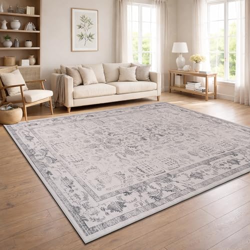 Paco Home Vintage Teppich Wohnzimmer Waschbar & rutschfest, pflegeleicht, modernes Retro Design im Boho Stil, Silber, 240x340 cm