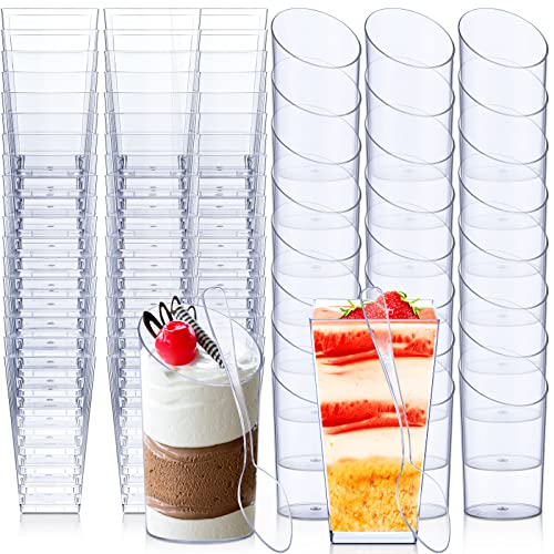 Photo 1 of Nuogo 200 Pcs Mini Dessert Cups with Spoons 3 oz Square and 2.5 oz Slanted Round Small Clear Plastic Parfait Appetizer Mousse Pudding Cups for Wedding Birthday Party (Transparent Color)