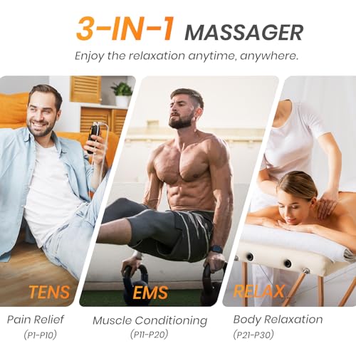 AVCOO 3-in-1 TENS Machine with 30 Modes, 40 Intensities EMS Muscle Stimulator for Gradual Back Pain Relief Therapy, Rechargeable TENS Unit with 12 TENS Machine Pads, a Storage Bag