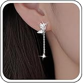 Erimberate Bohemian Crystal Butterfly Chain Dangle Earrings Silver Cz Tassel Chain Drop Earrings Small Butterfly Stud Earrings Rhinestone Paved Butterfly Earrings Jewelry for Women Gifts