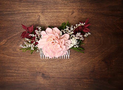 Burgundy Blush Pink Green Cypress Hair Comb Sola Flower Burlap Dried Flowers Hair Piece