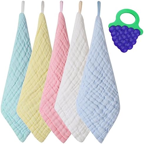 Baby Washcloths and Towels, Soft Natural Organic Cotton Baby Wipes, Set of 5 with Baby Teether
