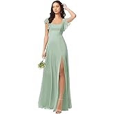 Hübsche hochzeit A-line Ruffles Chiffon Bridesmaid Dress for Women, Square Neck Prom Dresses Short Sleeves Formal Dress