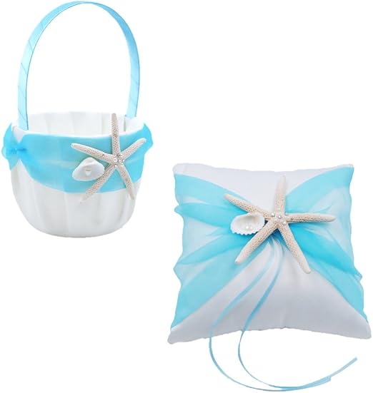 Abbie Home Organza Bowknot Wedding Ring Pillow Flower Basket Set Romantic Beach Wedding Party Favor Tiffany Blue