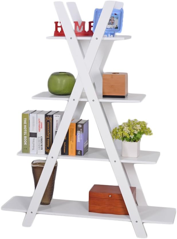 Facilehome 4-Tier X Shape Bookshelf Bookcase 4 Racks for Books,Potted Plant,MDF Wood,White