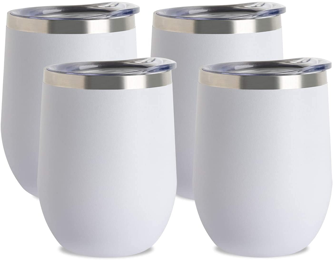 JEAREY Stemless Glass Tumbler 12 oz Stainless Steel Double Wall Vacuum Insulated Wine Cup with Lid Travel Friendly (Lovely white, 4)