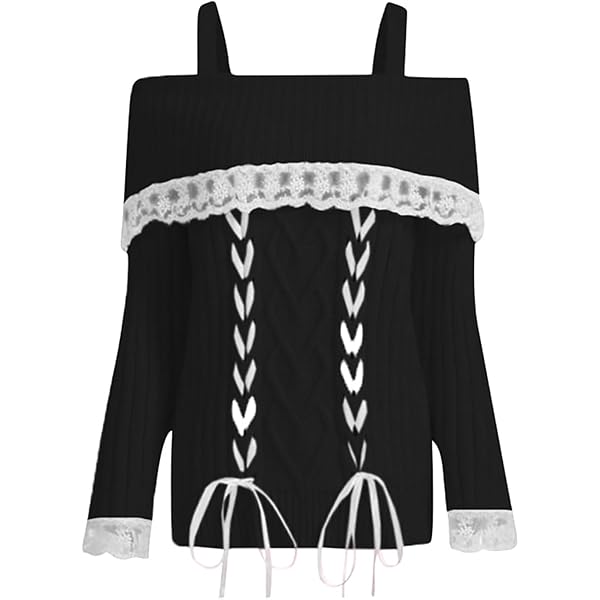 Women Pink Off Shoulder Top Y2K Long Sleeve Lace Trim Knit Shirt