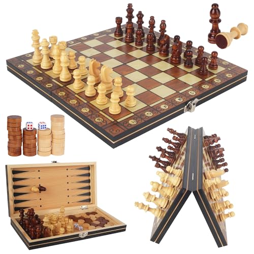 3 in 1 Wooden Chess Board, 29 x 29 cm, Wooden Chess Board, Handmade Travel Chess Board, Portable Chess Board, Ideal for Parties, Travel, Family Activities