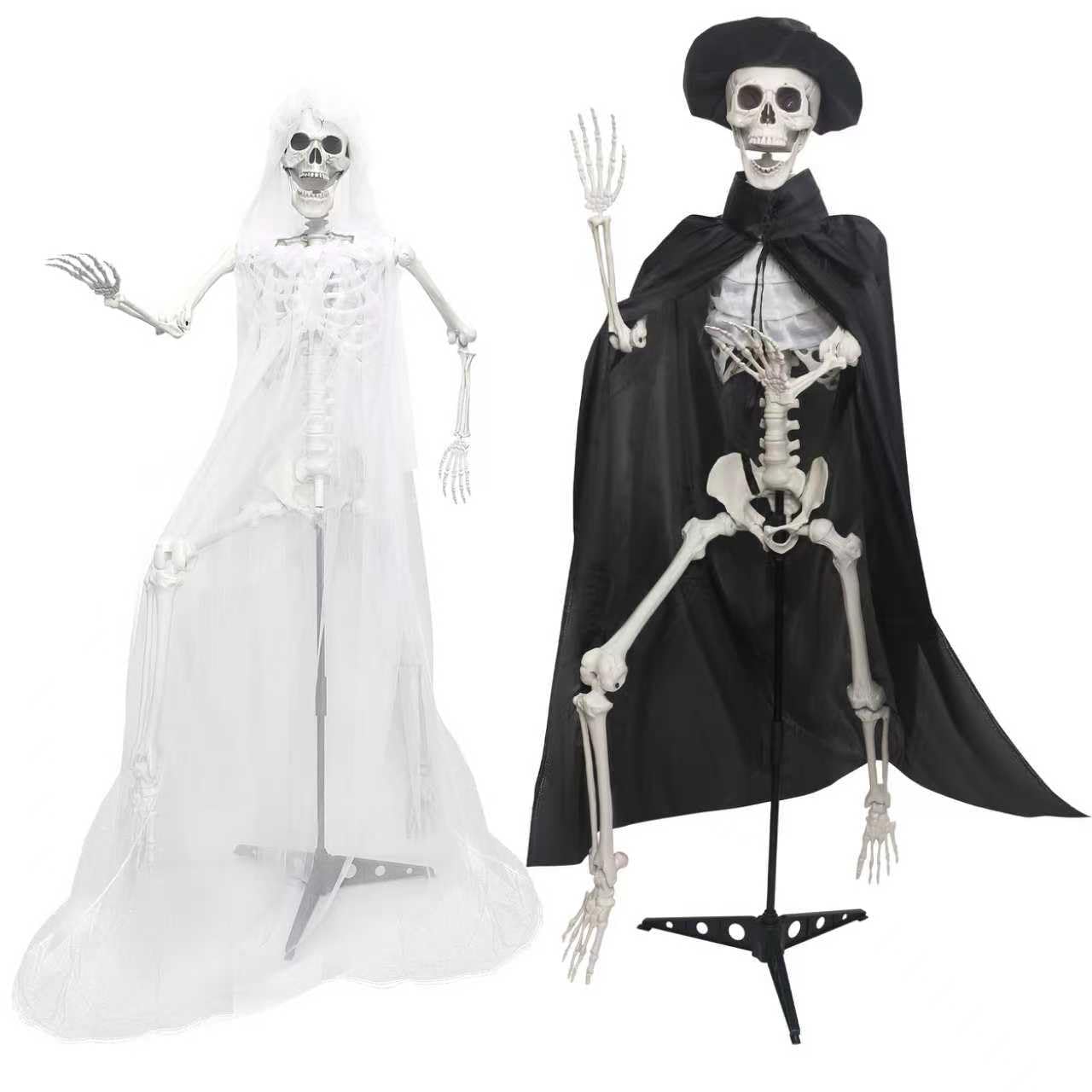 Photo 1 of 2PC 5.4Ft Life Size Skeletons with Stand Gothic Skeleton Bride and Groom Plastic Skeleton with Movable Joints for Halloween Party Haunted House Front Lawn Decoration