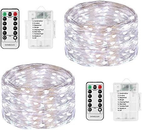 LED String Lights Battery Powered, DOMEZAN 2 Set 16.4ft 50 LED Battery Operated Decorative Lights with Remote Control for Indoor, Patio, Bedroom (Silver Wire Lights, Daylight White)