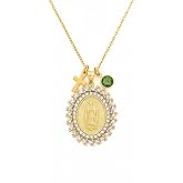 Our Lady of Guadalupe Necklace Gold Plated Medal Pendant with Cross and Birthstone Choice Stainless Steel Chain