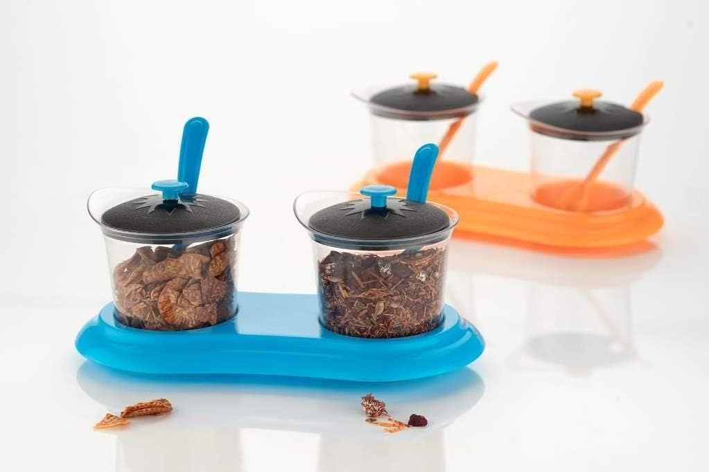 J U World Multipurpose Dining Stand Set of 2 Container with Spoon and Tray for [Dry Fruits-Chutniey-Achaar-Mukhvash]; Pickle, Saunf(Fennel Seeds), Mouth Fresheners. Random Color (Plastic)