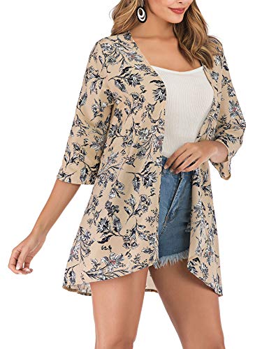 PopStore Women's Floral Print Sheer Kimono Cardigan Capes Chiffon 3/4 Sleeve Patchwork Casual Cover up Blouse Tops Beige - Thumbnail 5