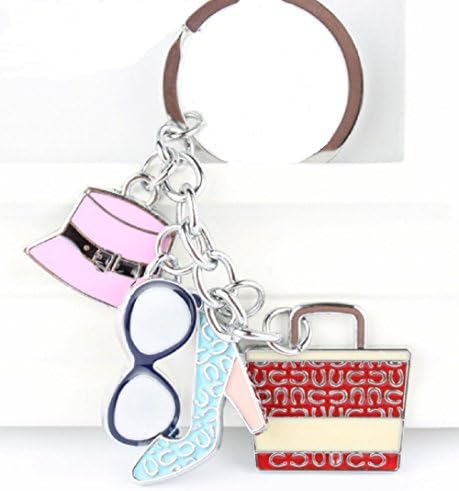 From the Heart Enterprises Gorgeous Fashion Multi Color Enamel & Stainless Steel Key Chain - Red Purse, Blue Heel, Pink Hat,& Sunglasses. Amazing Gift for Your Shopping Pal