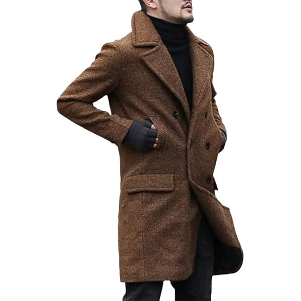Floavery Men's Classic Double Breasted Wool Blend Trench Coat