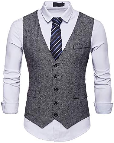 JOLIME Men's Tweed Herringbone Waistcoat Vintage Business Casual Suit Vest Gilet Grey XXL