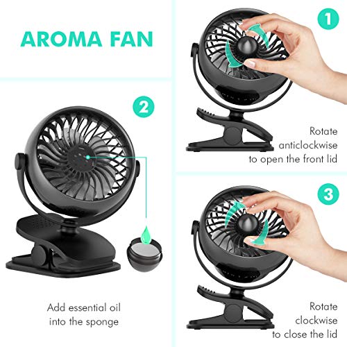 Shinebella Battery Operated Clip on Fan, Baby Stroller Fan, USB or Rechargeable Battery Powered Desk Fan, 4 Speeds with Aroma Function, Small Personal Fan for Baby Stroller,Office,Outdoor Activities