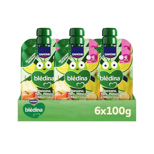 Bolsitas de Manzana, Pera, Platano y Albaricoque para Bebé. Pouch 100% Fruta, Sin Azúcares Añadidos y Alto Contenido en Vitamina C, Fuente de Fibra. Desde los 6 Meses, Pack 6x100g