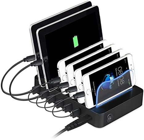 Charging Station, PTITEK USB Devices Charging Station with Detachable Baffles Smart IC 6-Port Desktop Charging Organizer Station for Smart Phones, Tablets, other USB Enabled Gadgets (Black)