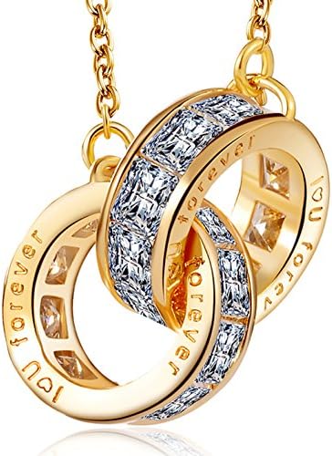 YIY Beauteous Couple Ring Pendant Necklace Interlocking/Double Circle with 3A Cubic Zirconia CZ Gold/Platinum Plated Wedding Gift for Women 18" 'The Promise Love' (gold)