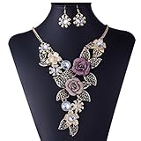 Luxury Necklace,Han Shi Women Elegant Vintage Flower Statement Necklace Earrings Jewelry Set