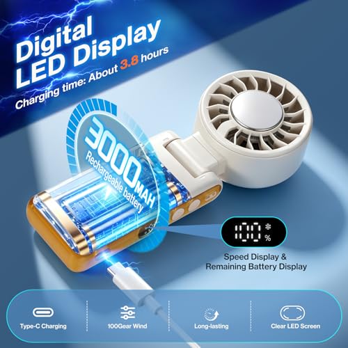 Lomffy Ventilador Portátil de Mano con Enfriador de Hielo, 6 en 1 Ventilador de Mano Turbo con clip y pantalla LED 360° 180° Giratorio Alta velocidad Ventilador Turbo Recargable Velocidad de 1 a 100