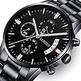 KASHIDUN Men's Watches Luxury Sports Casual Quartz Wristwatches Waterproof Chronograph Calendar Date Stainless Steel Band Black Color (C Black Silver)