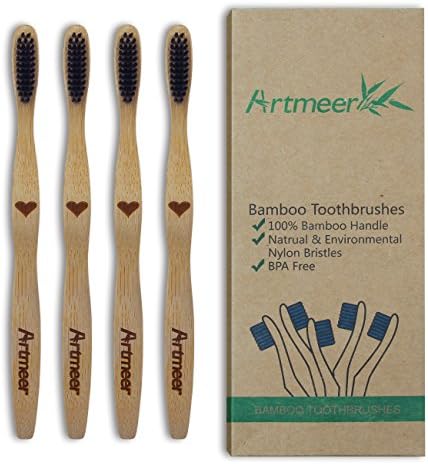 Bamboo Toothbrush Soft Charcoal Infused Bristles BPA Free Organic and Biodegradable Toothbrushes Pack of 4 Eco-Friendly by Artmeer (bamboo)