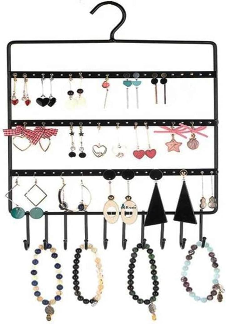Kraxtaโข Metal Stand Jewellerys Displays With 10 Hanging Hooks and 60 Earing Holes Earring Display Stand Holder Organizer