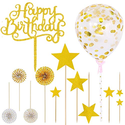 12 PCS Happy Birthday Cake Topper Set Gold Acrylic Cupcake Topper Paper Fans Confetti Balloon Birthday Cake Supplies Decorations for Birthday party Wedding Baby Shower (Gold, B)