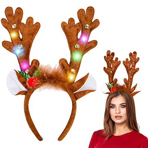 MCPINKY Reindeer Antlers Headband, LED Deer Antlers Headband with Bells Light Up Christmas Reindeer Hairband Reindeer Ears Headband for Kids Adult Christmas Cosplay Party Favors
