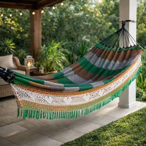Rede de Dormir Casal Artesanal Luxo 4,5m em Algodão – Rede Descanso Reforçada para Quarto, Varanda, Jardim e Área de Lazer até 350kg(CARAMELO COM PRETO)