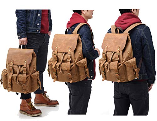 Kemy's Mens Waxed Canvas Backpack Leather Rucksack for Men Wax Leather Backpacks Travel Vintage Bookbag with Laptop Compartment Rustic Large Waterproof Brown Easter Gifts - Thumbnail 5